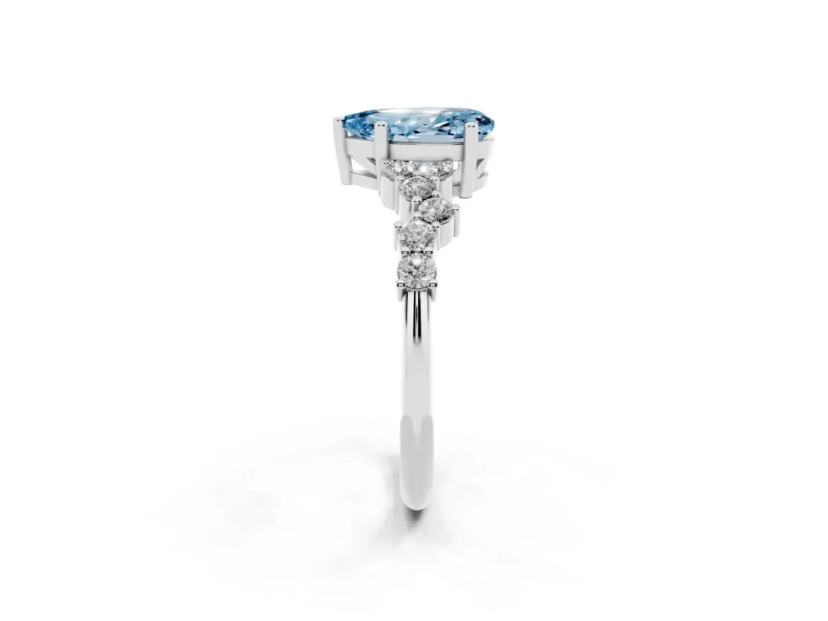 Fancy Blue Pear Cut Diamond Scattered Round Accent Ring with Prong Setting Silver