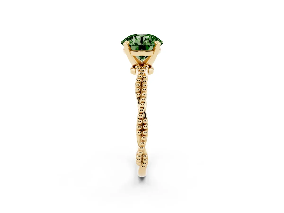 Fancy Green Round Cut Solitaire Twisted Band with Bead Prong Setting Yellow gold