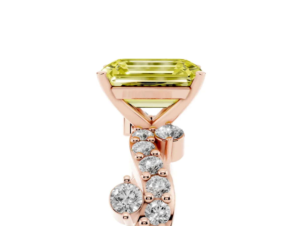 Fancy Yellow Emerald Cut Cut Solitaire Diamond Twisted Band with Pave Setting Rose gold
