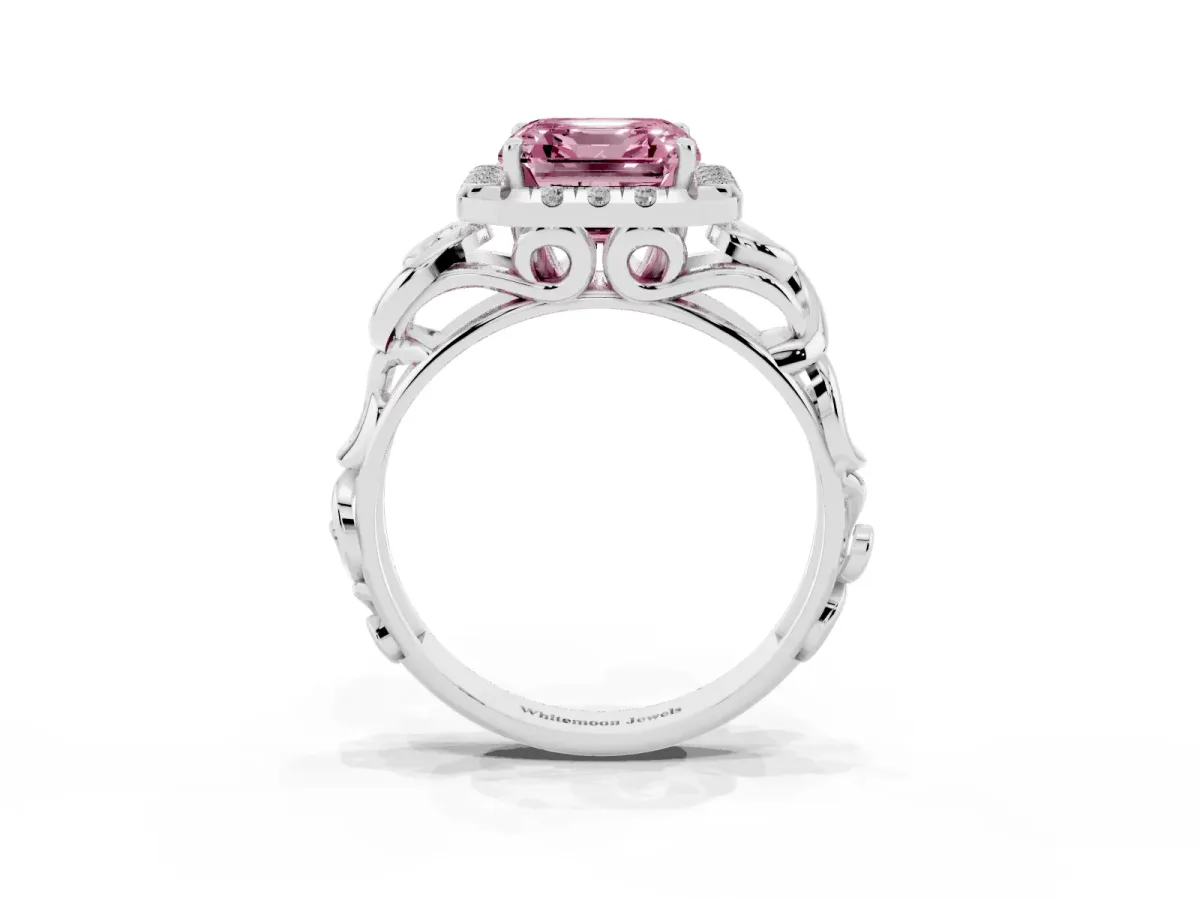 Fancy Pink Asscher Cut Cut Halo Diamond Ring with Scrollwork Band and Four-Prong Setting Silver