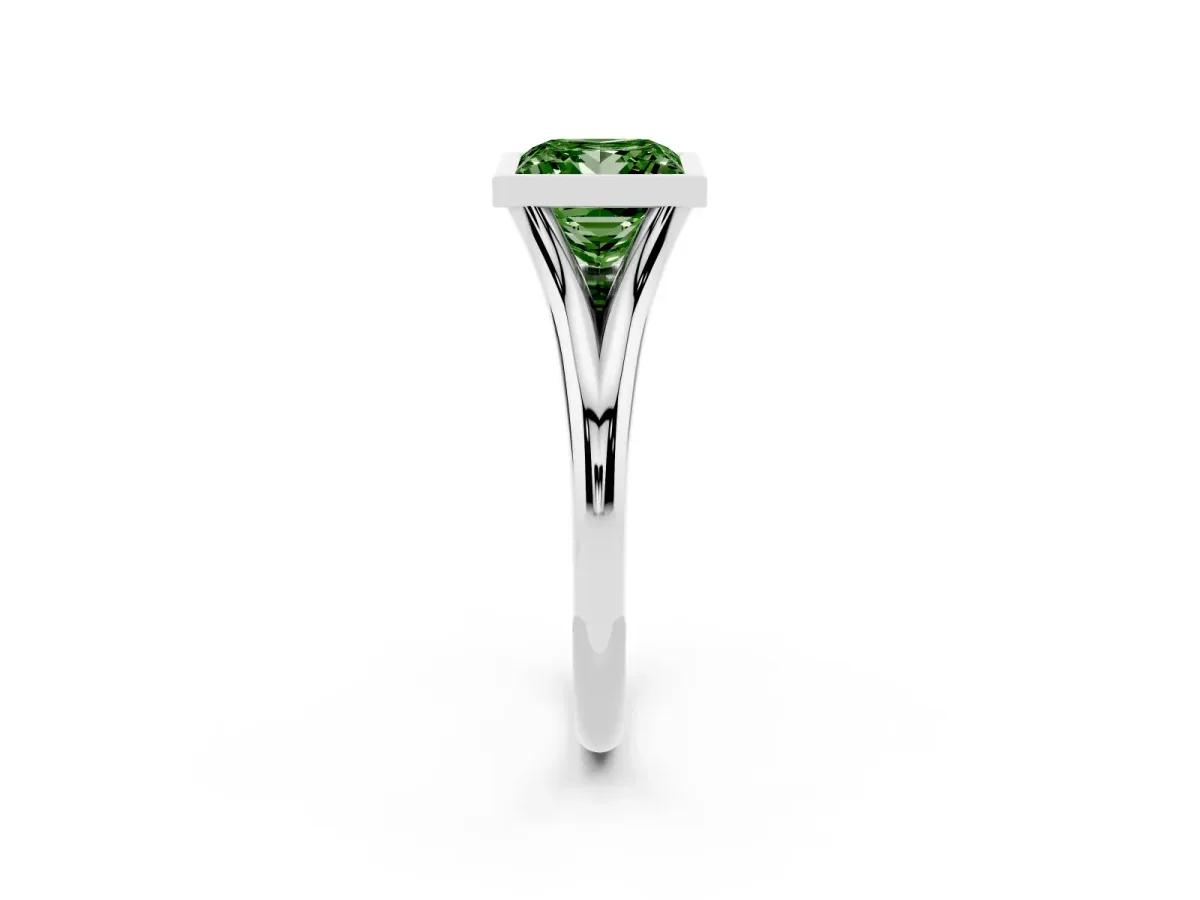 Fancy Green Bezel Set Princess Cut Cut Solitaire Ring with Tapered Band Platinum