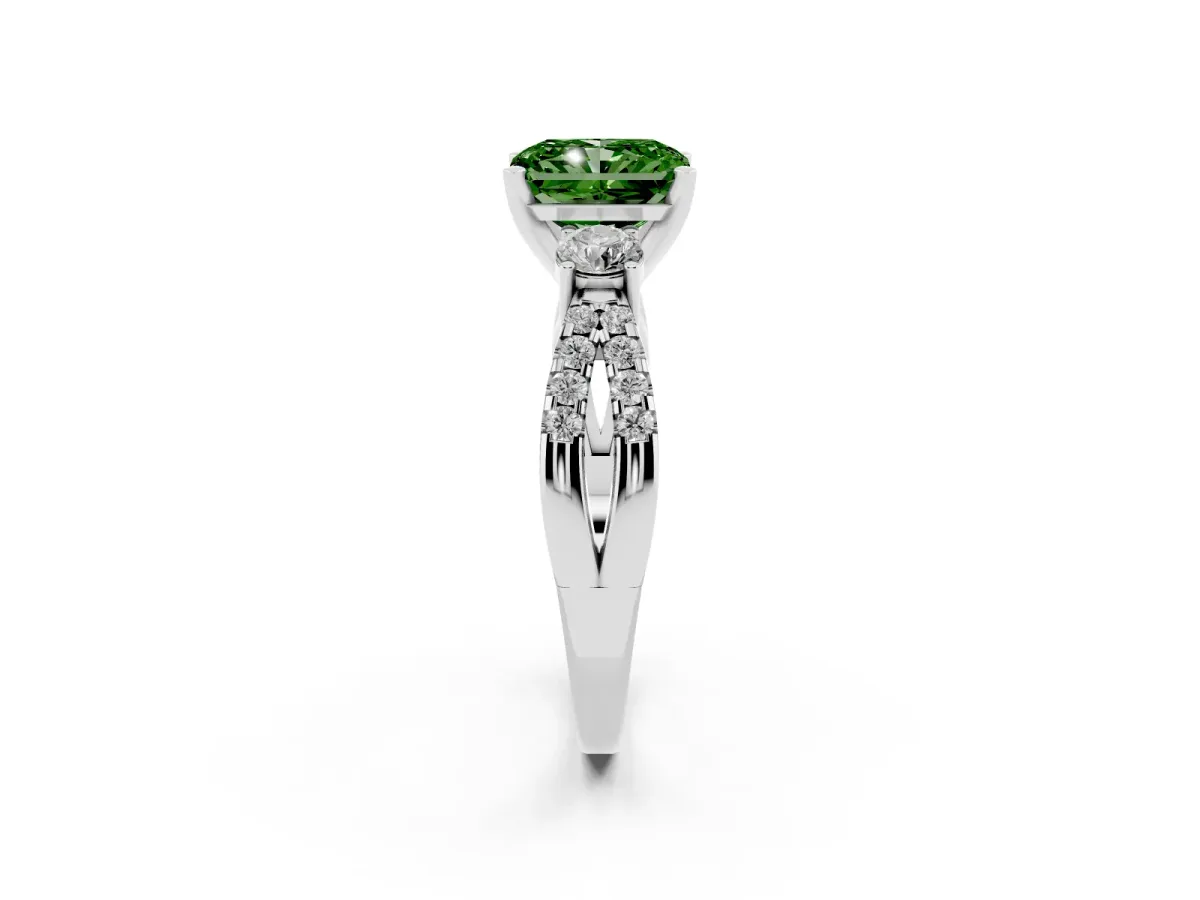 Fancy Green Radiant Cut Diamond Three-Stone Ring with Pavé Split Shank and Four-Prong Setting Silver