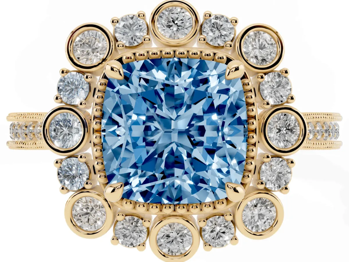 Fancy Blue Cushion Cut Halo Milgrain Pave Diamond Ring with Four-Prong Setting Yellow gold