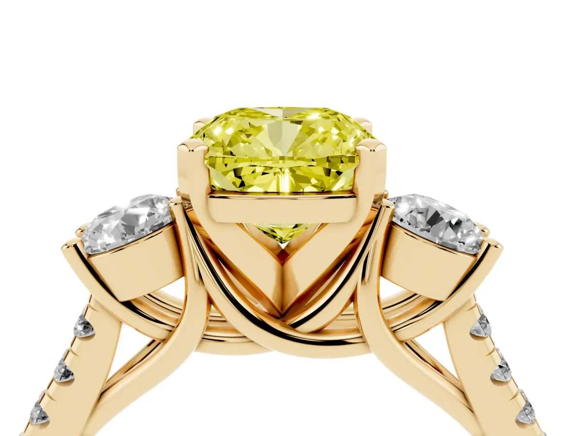 Fancy Yellow Three-Stone Cushion Cut Diamond Pavé Band with Four-Prong Setting Yellow gold