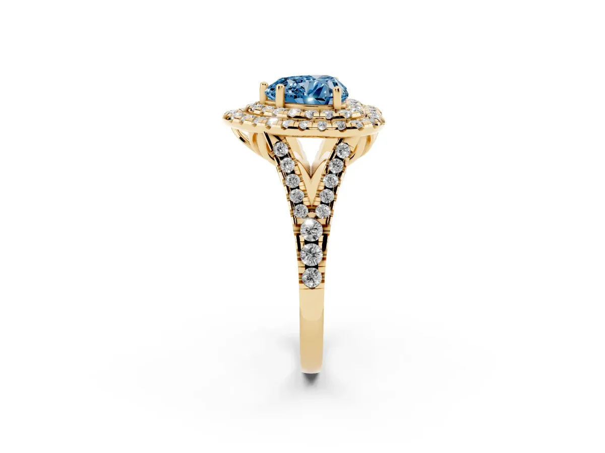 Fancy Blue Double Halo Heart Cut Diamond Pavé Split Shank Ring with Prong Setting Yellow gold
