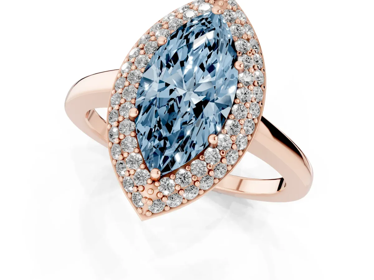 Fancy Blue Marquise Cut Halo Diamond Engagement Ring with Solitaire Band and Four-Prong Setting Rose gold