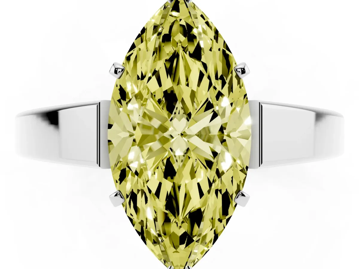 Fancy Yellow Marquise Cut Solitaire Engagement Ring with Four-Prong Setting and Tapered Band White gold