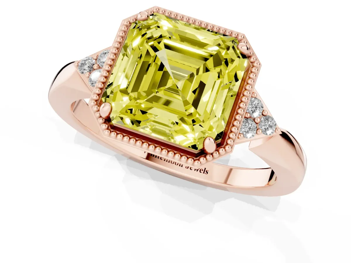 Fancy Yellow Milgrain Asscher Cut Cut Diamond Ring with Tapered Pave Band and Four Prong Setting Rose gold