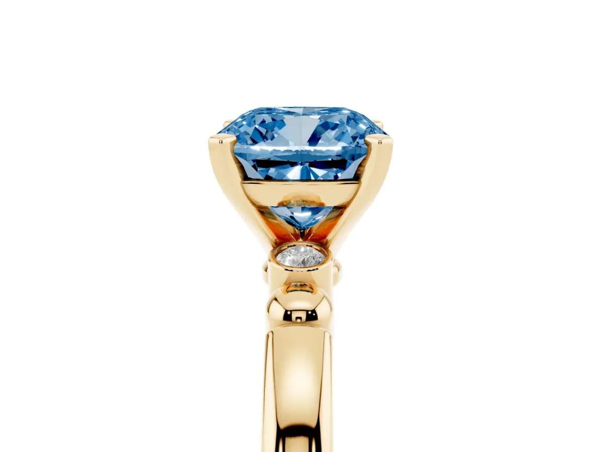 Fancy Blue Cushion Cut Solitaire Beaded Band with Four-Prong Setting Yellow gold