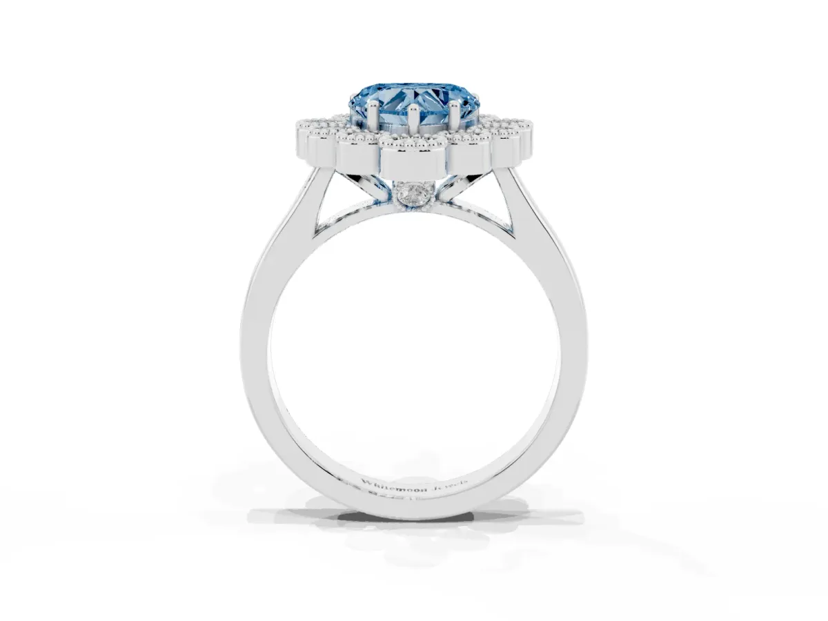 Fancy Blue Heart Cut Halo Diamond Cluster Engagement Ring with Milgrain Bezel Setting and Solitaire Band Platinum