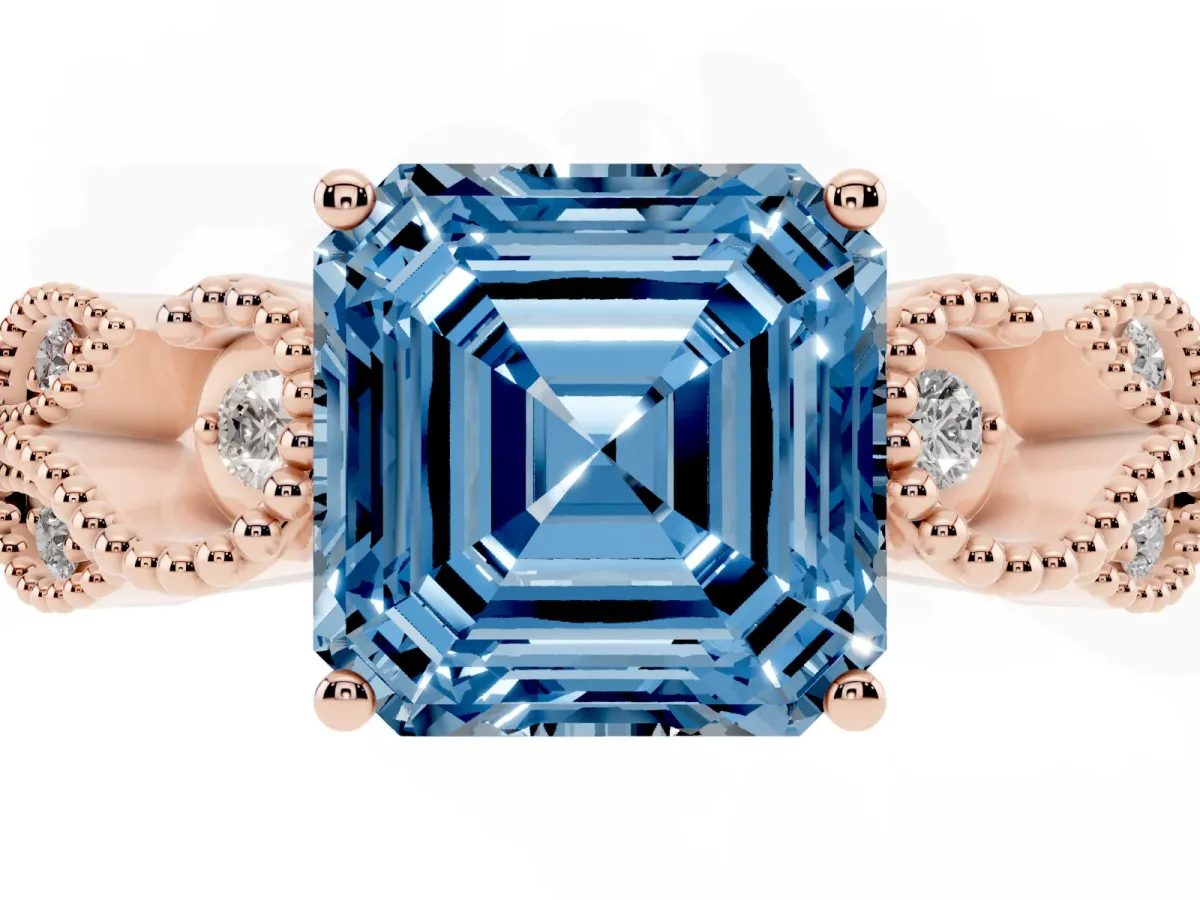 Fancy Blue Asscher Cut Solitaire Milgrain Leaf Band with Prong Setting Rose gold