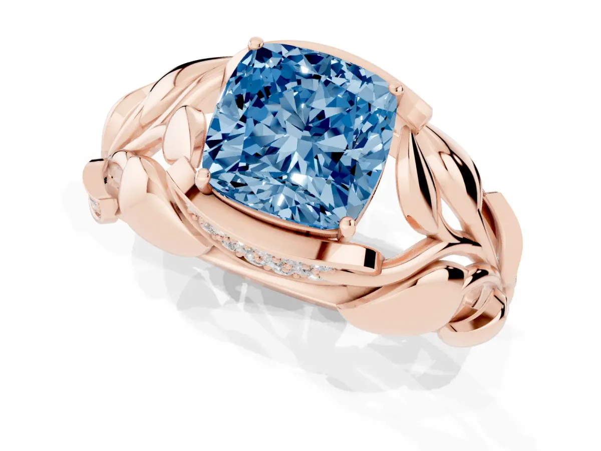 Fancy Blue Cushion Cut Diamond Leaf-Inspired Engagement Ring with Round Accents and Prong Setting Rose gold