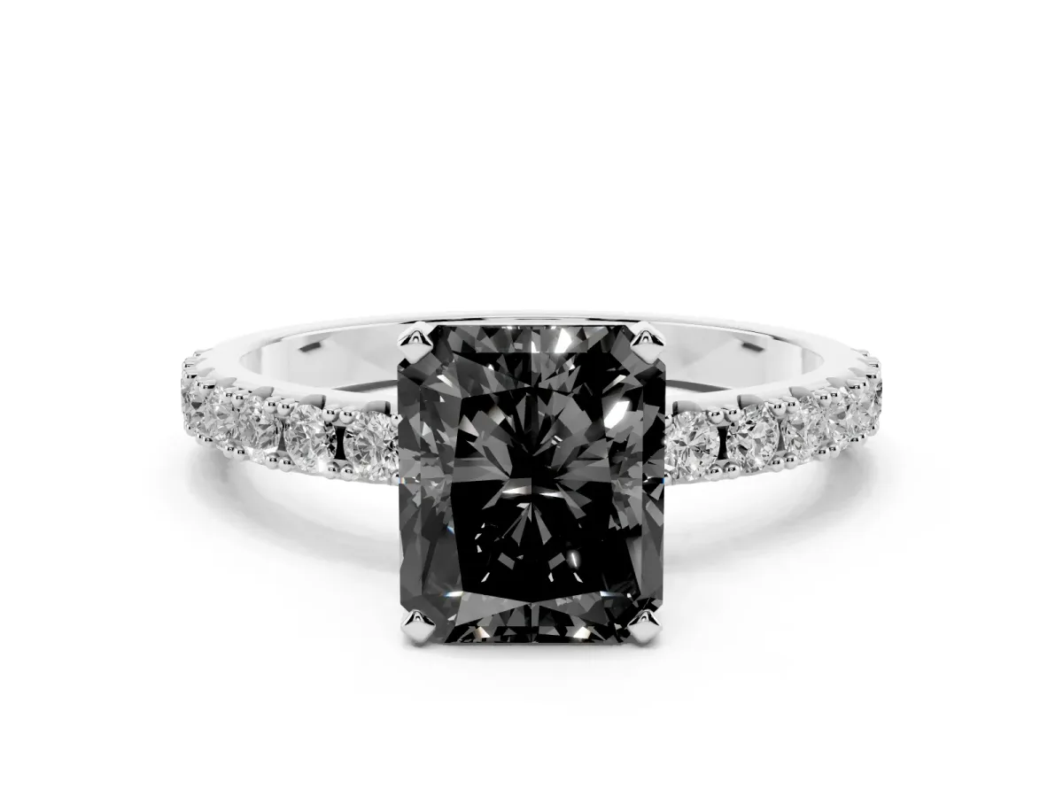 Fancy Black Radiant Cut Diamond Solitaire Pavé Band with Four-Prong Setting Silver