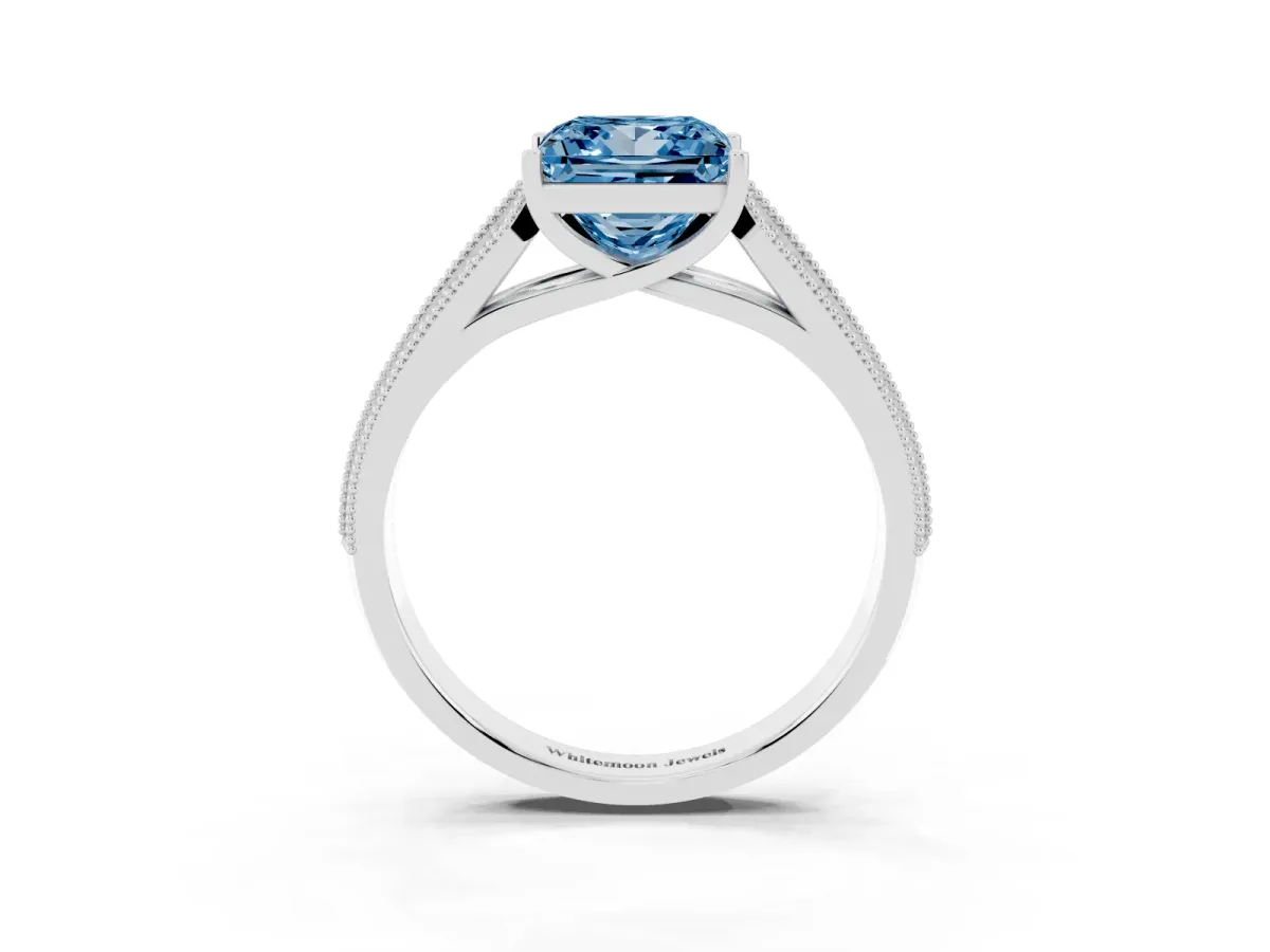 Fancy Blue Princess Cut Cut Pave Split Shank Engagement Ring with Four-Prong Setting Platinum