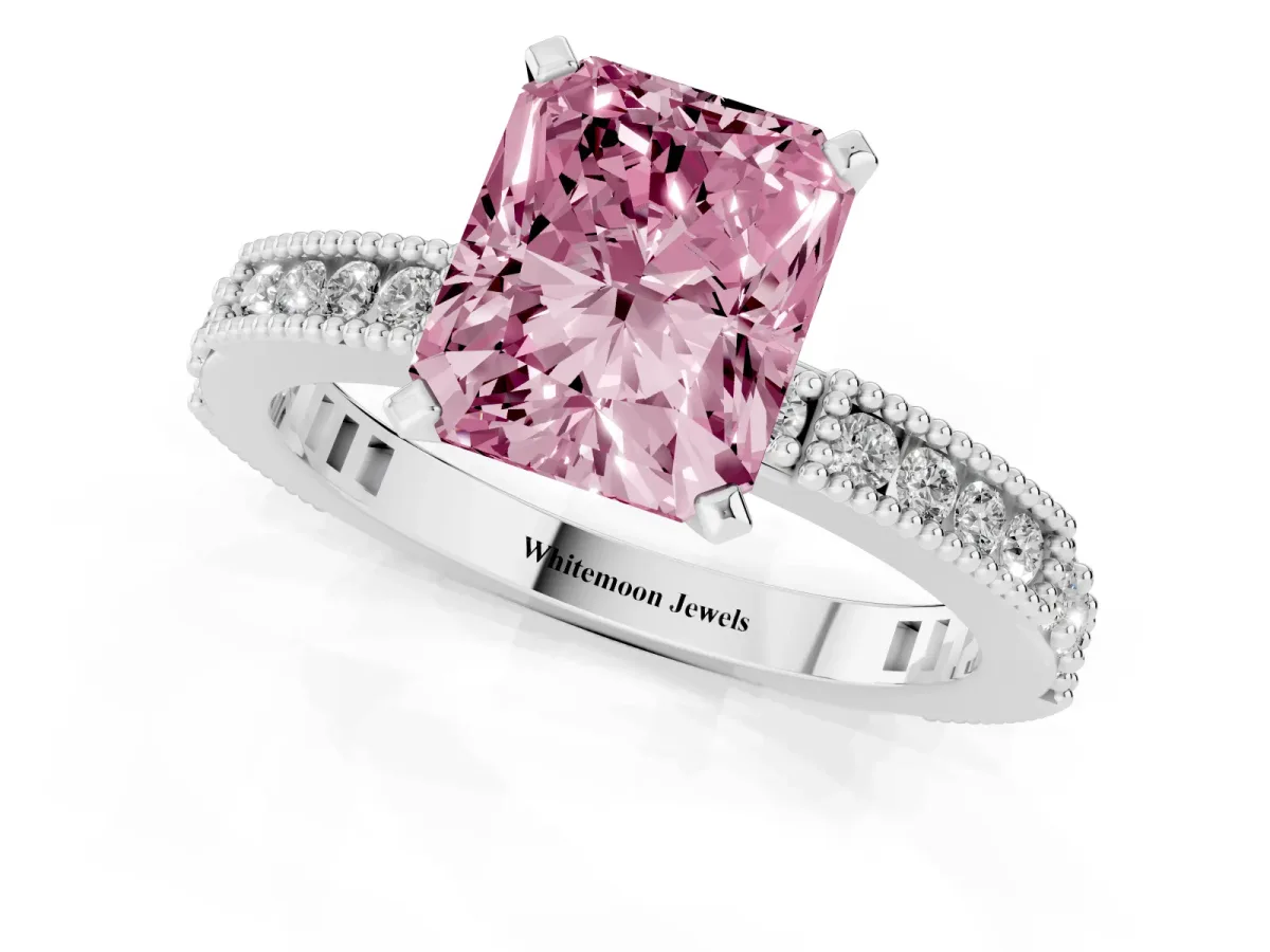 Fancy Pink Radiant Cut Solitaire with Pavé Band and Four-Prong Setting Silver