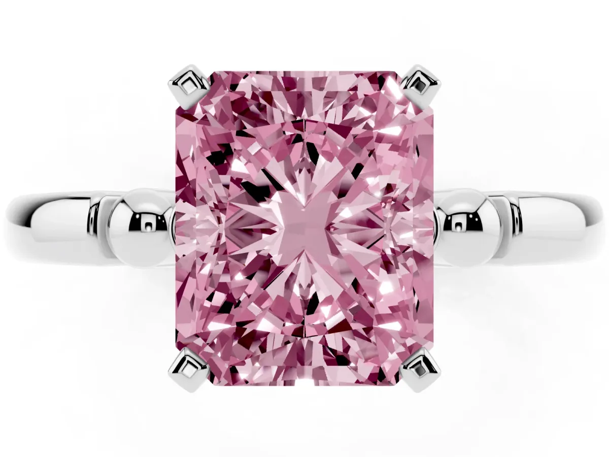 Fancy Pink Radiant Cut Solitaire Beaded Band with Four-Prong Setting Silver