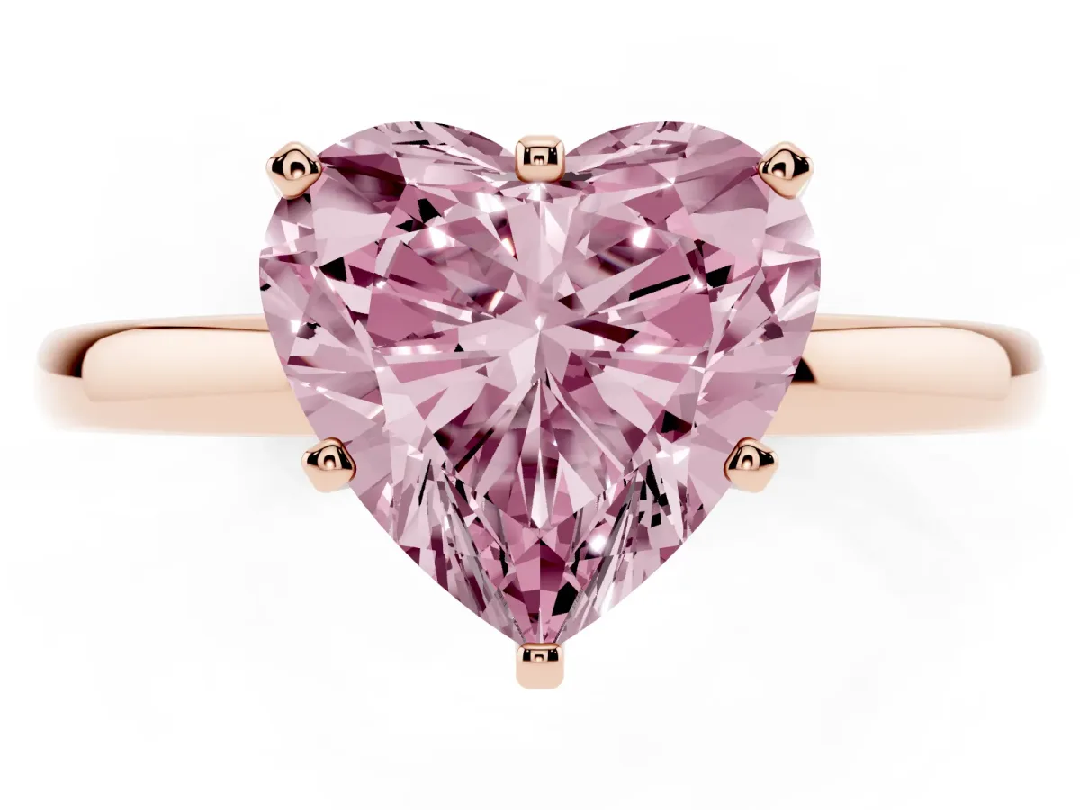 Fancy Pink Heart Cut Solitaire Diamond Ring with Six-Prong Setting on a Classic Band Rose gold