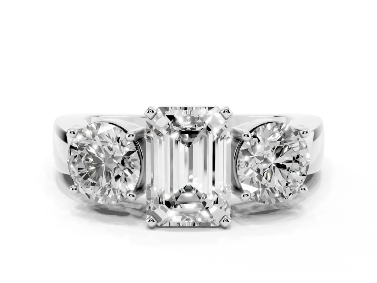 Three-Stone Emerald Cut Diamond Ring with Round Side Stones, Classic Band, and Four-Prong Setting Silver