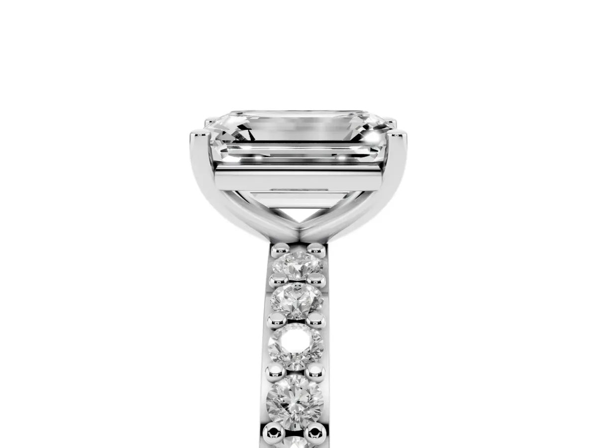 Emerald Cut Cut Diamond Solitaire with Pave Band and Four-Prong Setting Platinum