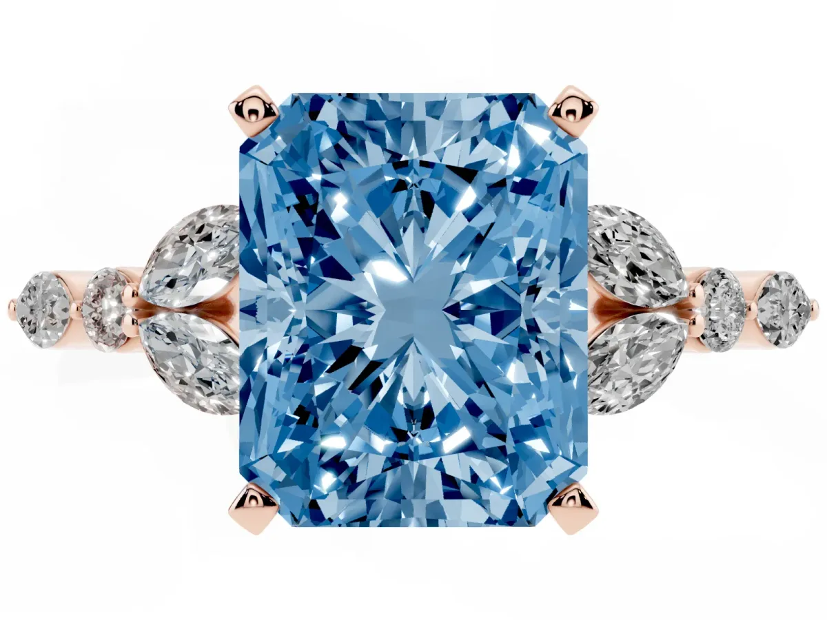 Fancy Blue Radiant Cut Diamond Solitaire Ring with Side Stones and Four-Prong Setting Rose gold
