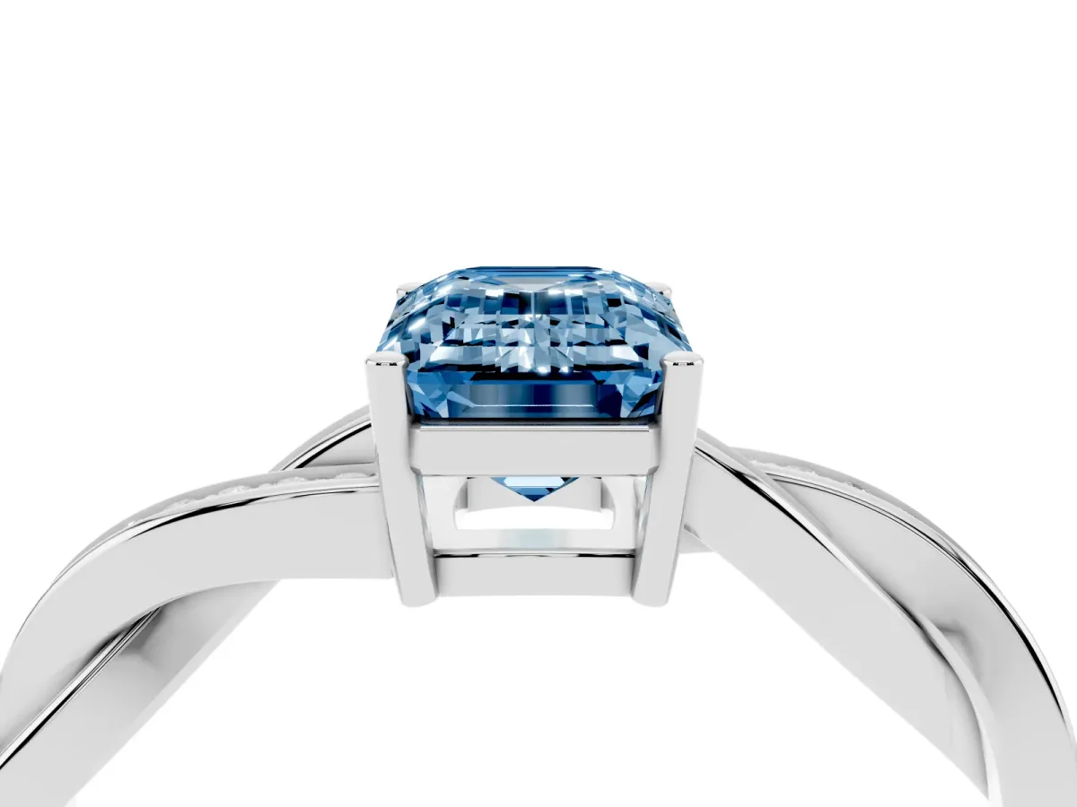 Fancy Blue Emerald Cut Solitaire Twisted Pave Diamond Ring with Four-Prong Setting White gold