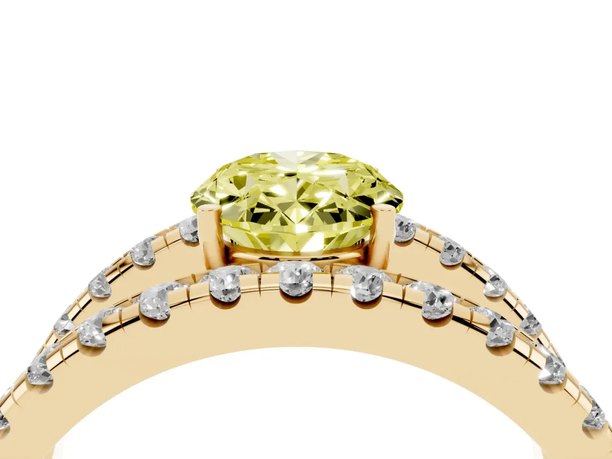 Fancy Yellow Oval Cut Solitaire Split Shank Pave Diamond Ring Yellow gold