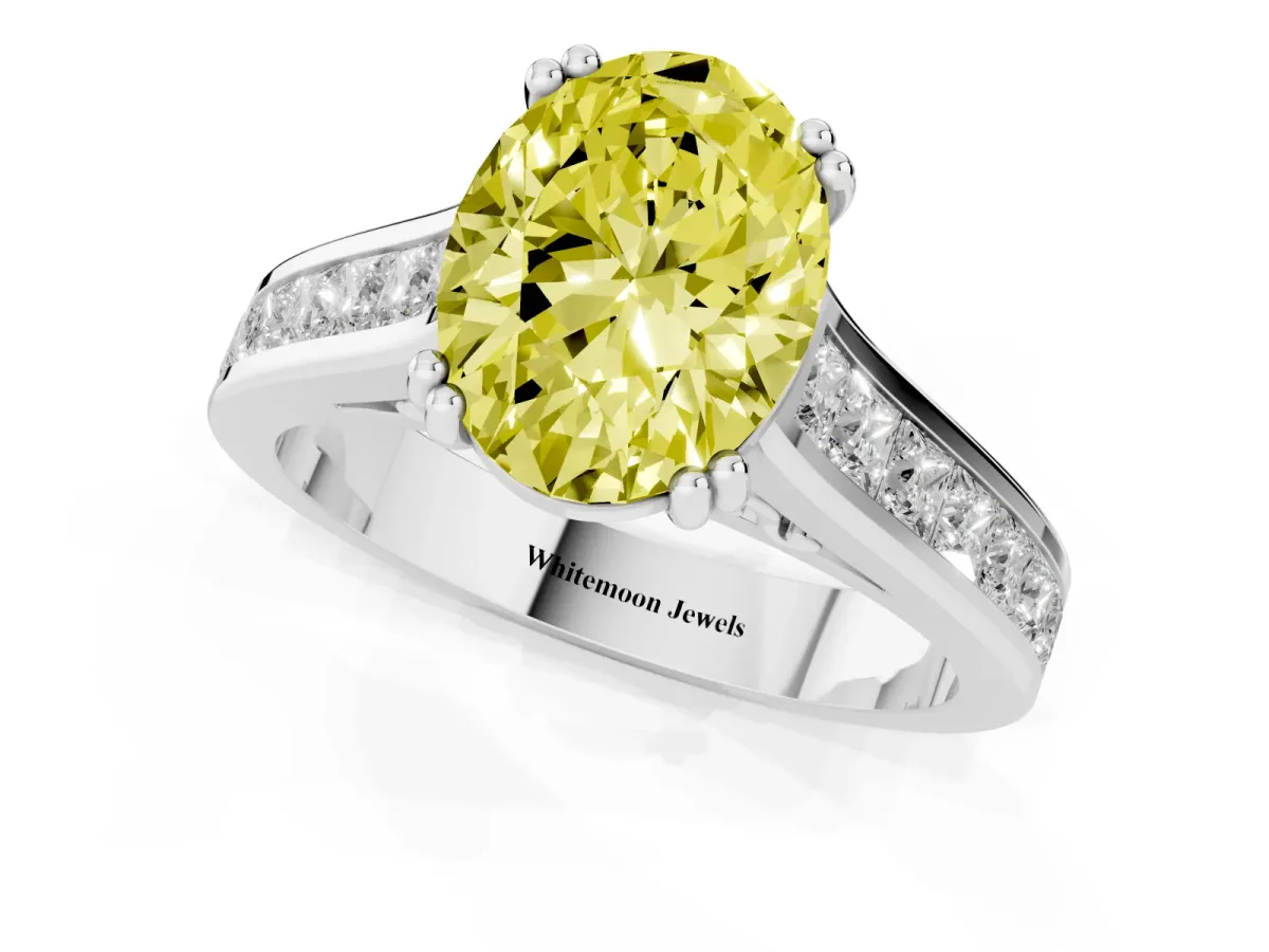 Fancy Yellow Oval Cut Cut Channel Set Solitaire Engagement Ring with Prong Setting Silver