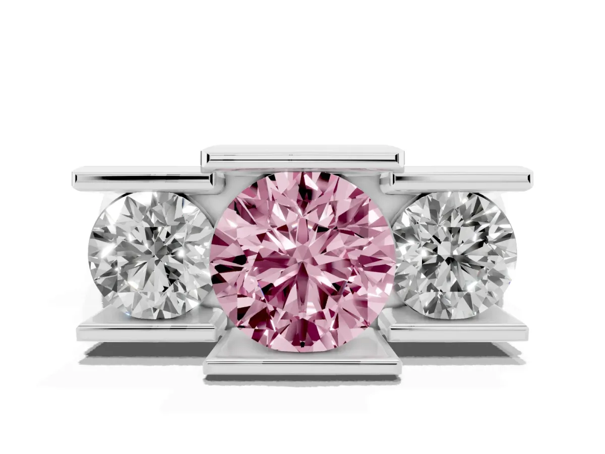 Fancy Pink Three Stone Round Cut Cut Channel Set Diamond Ring Platinum