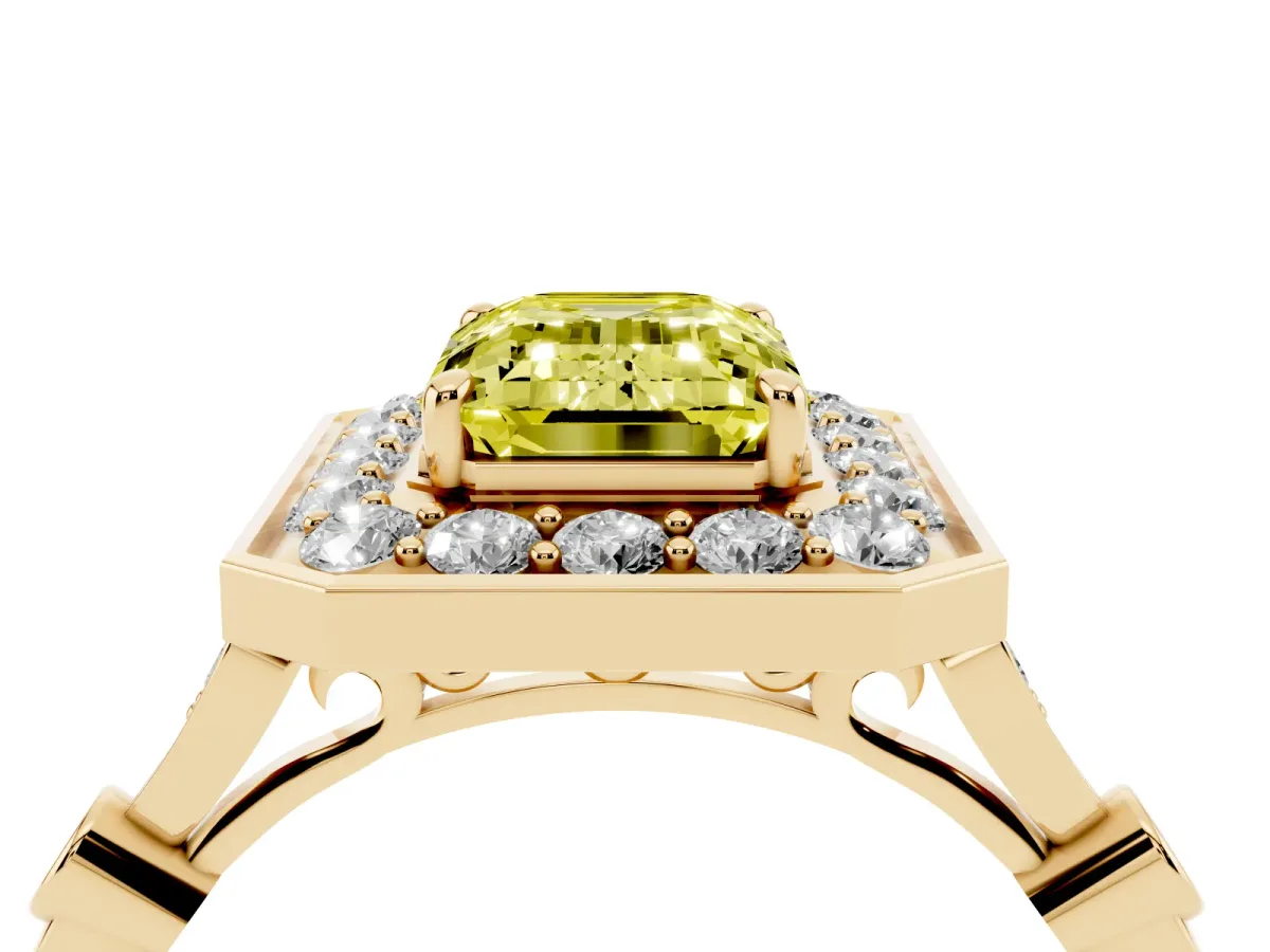 Fancy Yellow Emerald Cut Halo Diamond Engagement Ring with Twisted Band and Four-Prong Setting Yellow gold