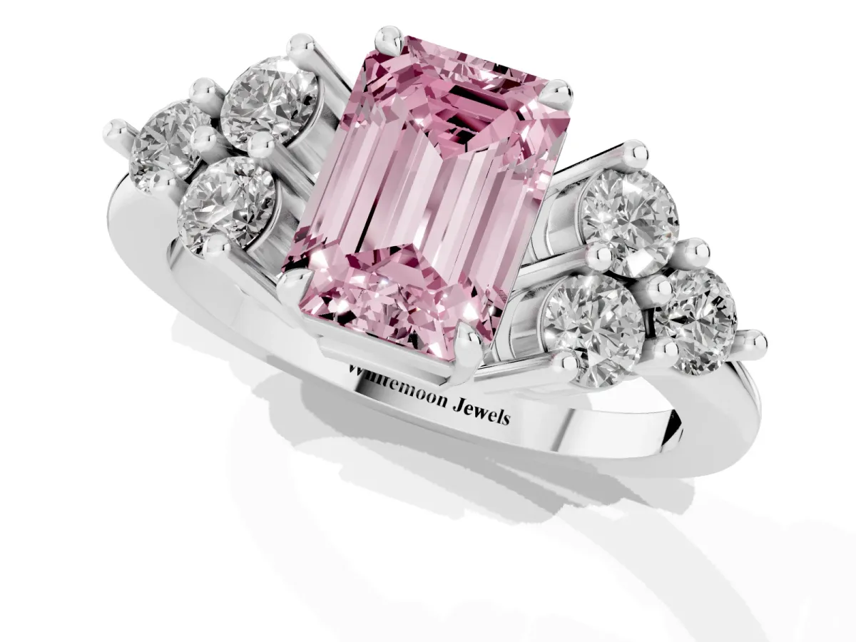 Fancy Pink Emerald Cut Brilliant Diamond Cluster Accent Solitaire Ring with Prong Setting Silver