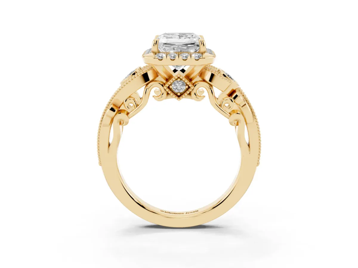 Princess Cut Diamond Halo Ring with Milgrain Pavé Band and Four-Prong Setting Yellow gold