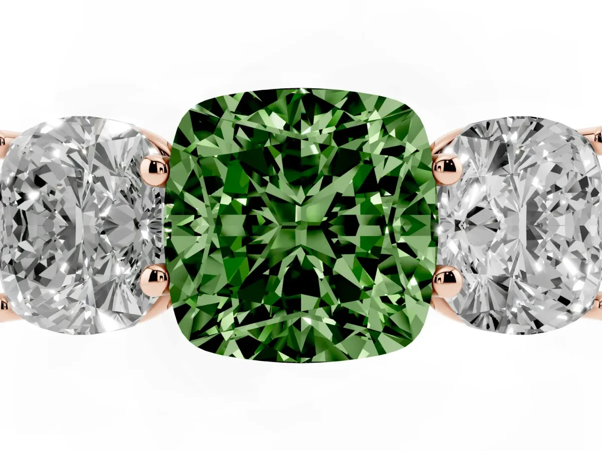Fancy Green Cushion Cut Three-Stone Diamond Ring with Prong Setting on a Classic Band Rose gold