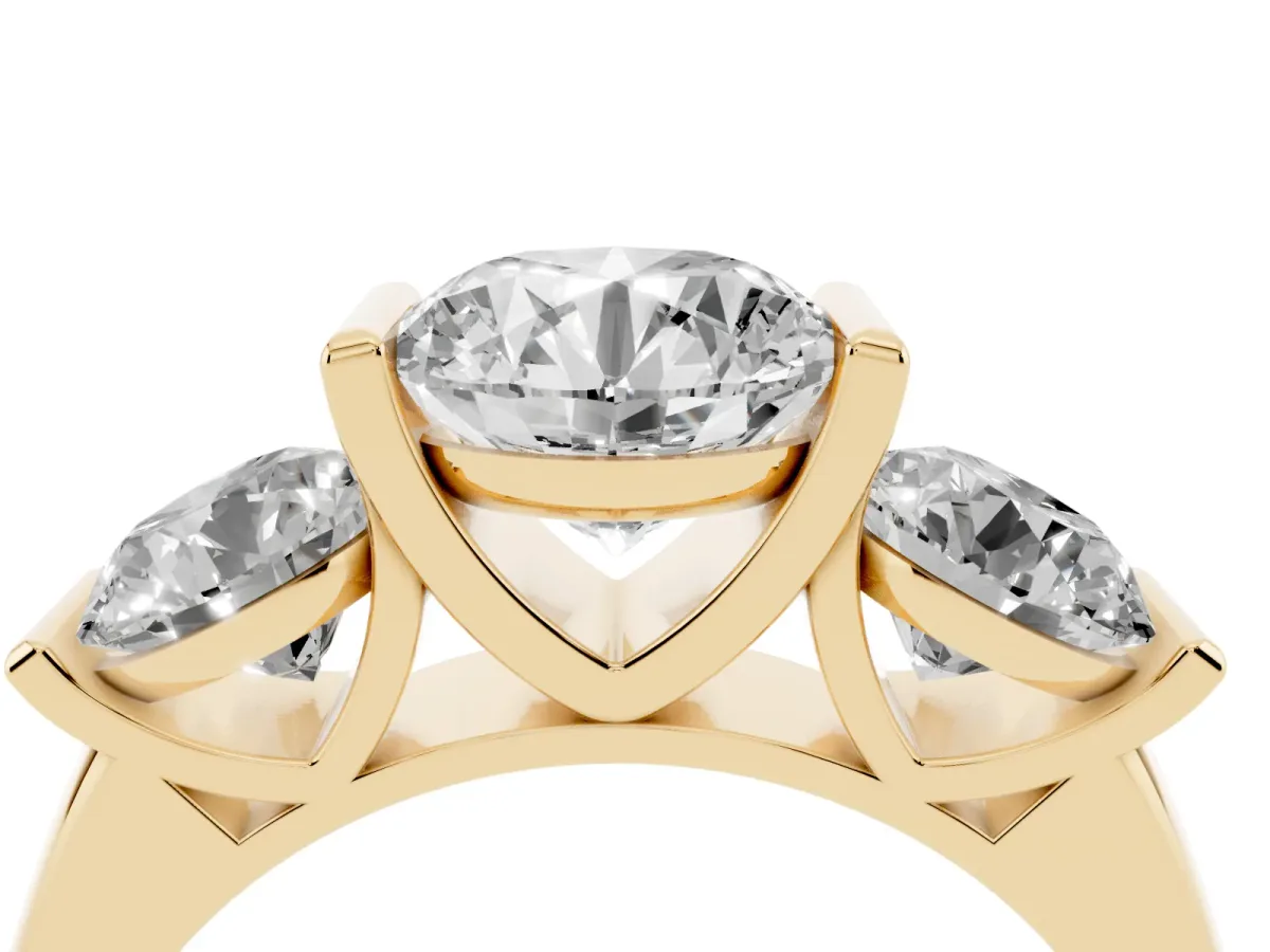 Three-Stone Round Cut Brilliant Diamond Ring with Channel Setting and White Gold Band Yellow gold