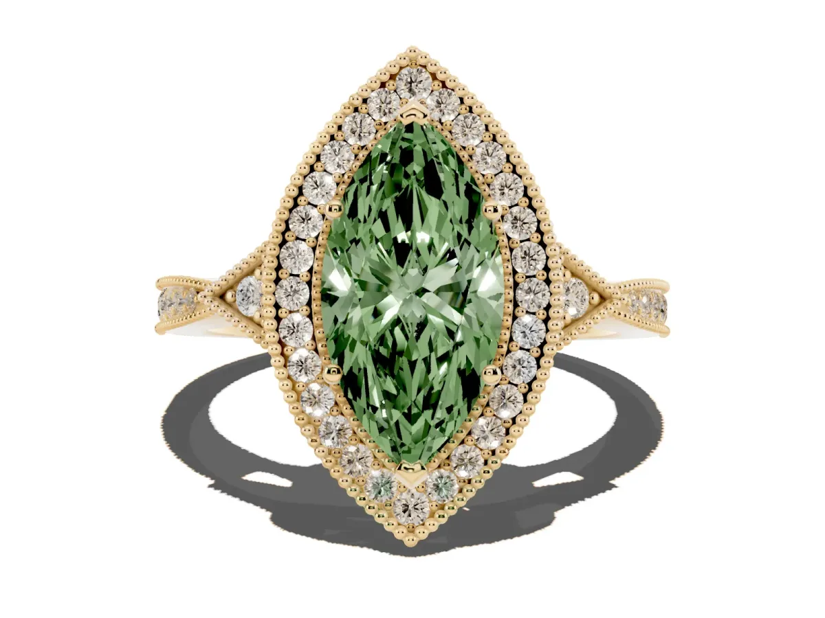 Fancy Green Marquise Cut Halo Round Diamond Milgrain Pave Engagement Ring Yellow gold