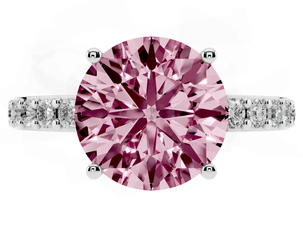 Fancy Pink Round Cut Cut Diamond Solitaire with Pave Band and Four-Prong Setting Silver