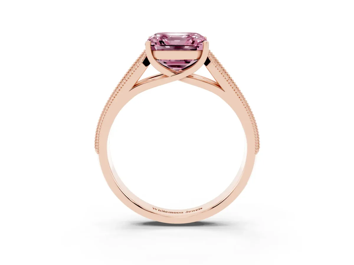 Fancy Pink Asscher Cut Cut Pave Split Shank Engagement Ring with Four-Prong Setting Rose gold