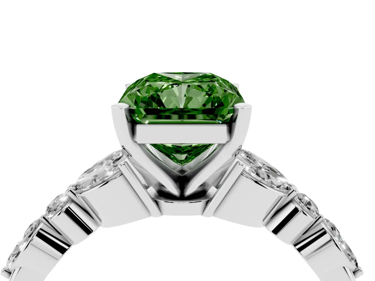 Fancy Green Radiant Cut Diamond Solitaire Ring with Side Stones and Four-Prong Setting Silver