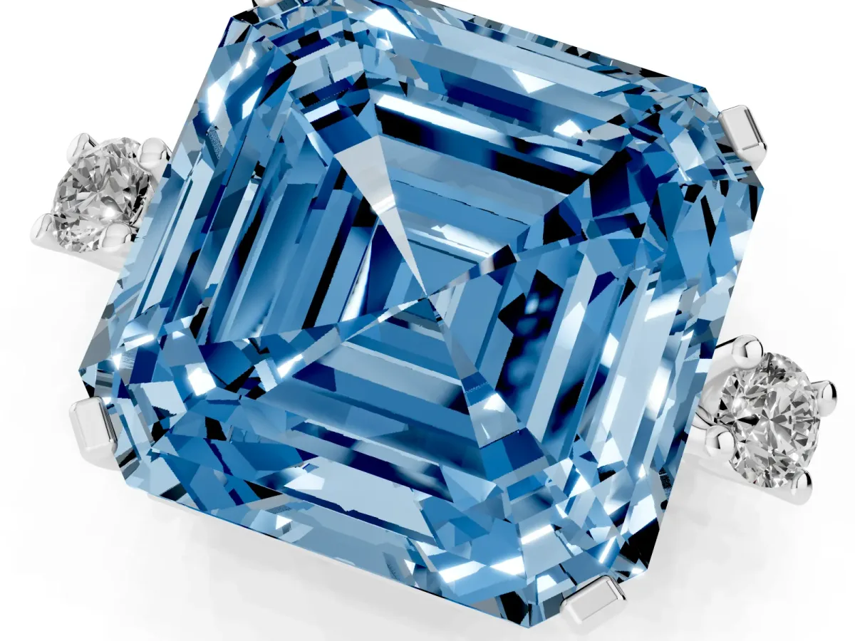 Fancy Blue Asscher Cut Cut Three-Stone Solitaire Ring with Round Accent Diamonds and Four-Prong Setting Silver