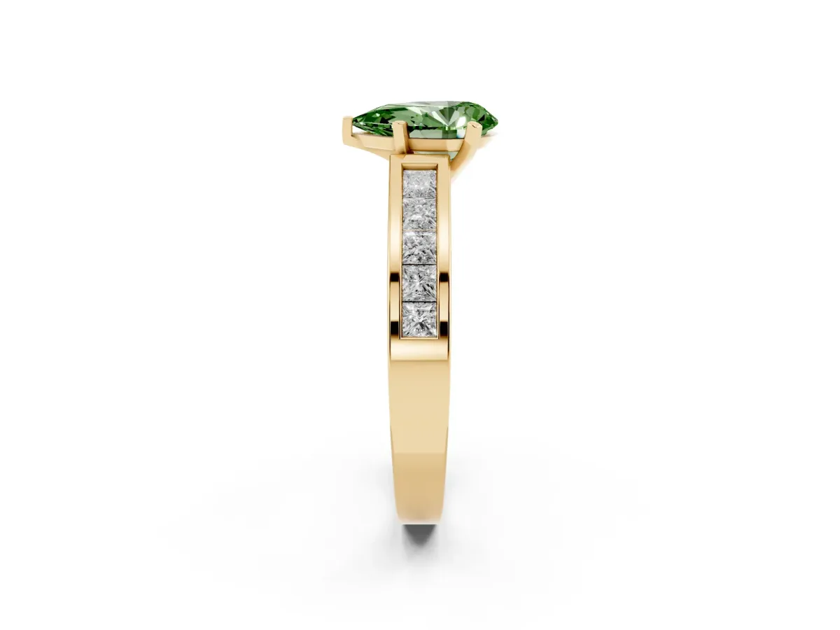 Fancy Green Pear Cut Solitaire Diamond Ring with Channel-Set Band and Four-Prong Setting Yellow gold