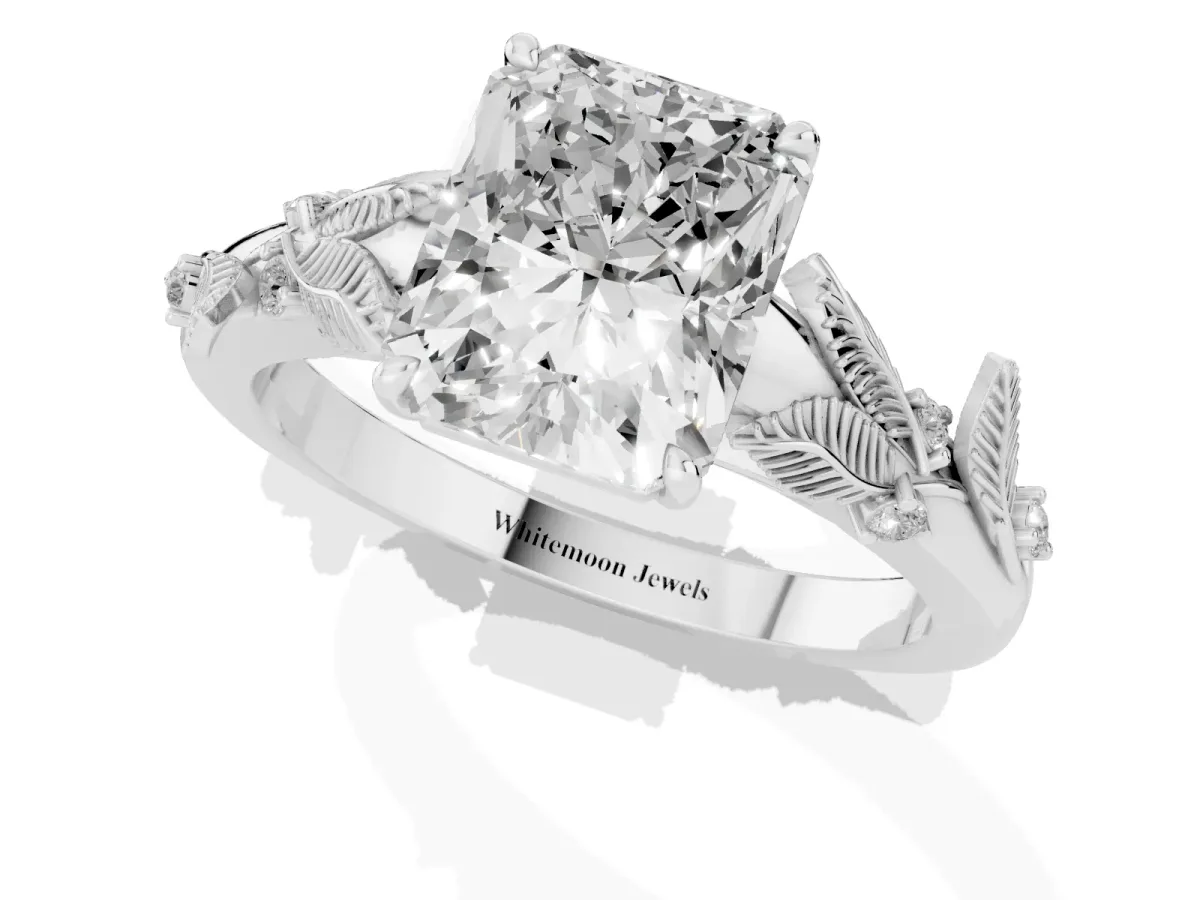 Radiant Cut Diamond Solitaire Ring with Leaf Motif Band and Four-Prong Setting Silver