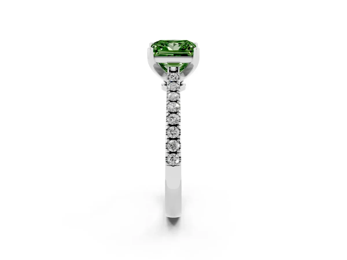 Fancy Green Princess Cut Cut Solitaire Diamond Engagement Ring with Pave Band and Four-Prong Setting Platinum
