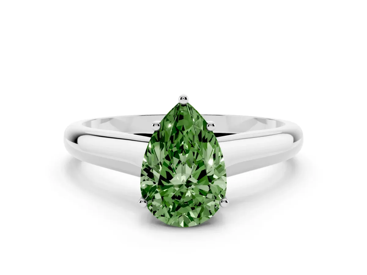 Fancy Green Pear Cut Solitaire Engagement Ring with Tapered Band and Four-Prong Setting Platinum