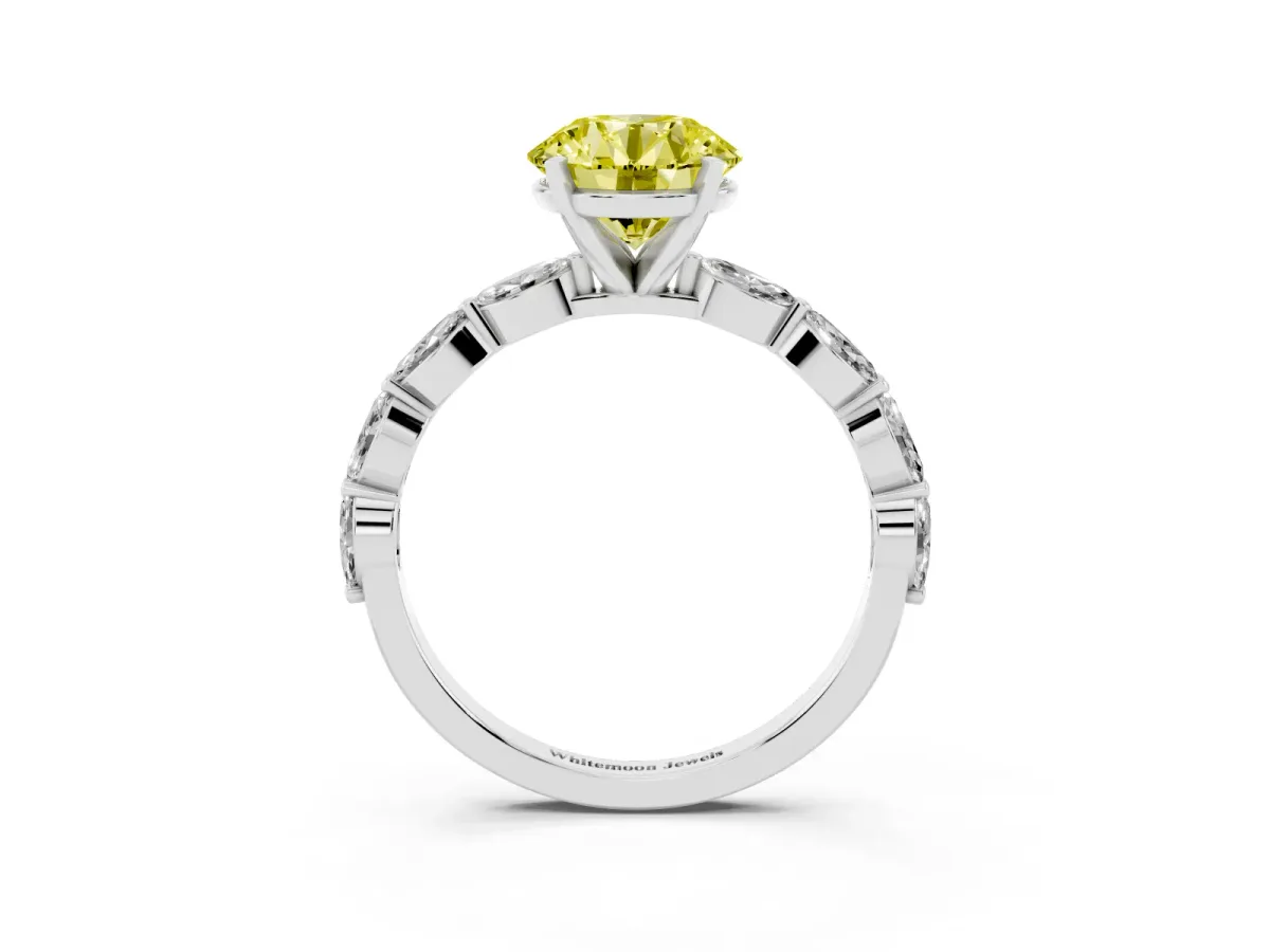 Fancy Yellow Round Cut Diamond Ring with Marquise Side Stones and Prong Setting Silver