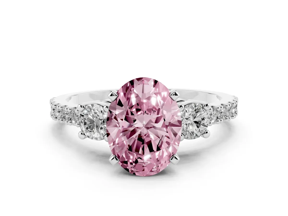 Fancy Pink Oval Cut Three-Stone Diamond Pavé Band with Prong Setting Platinum