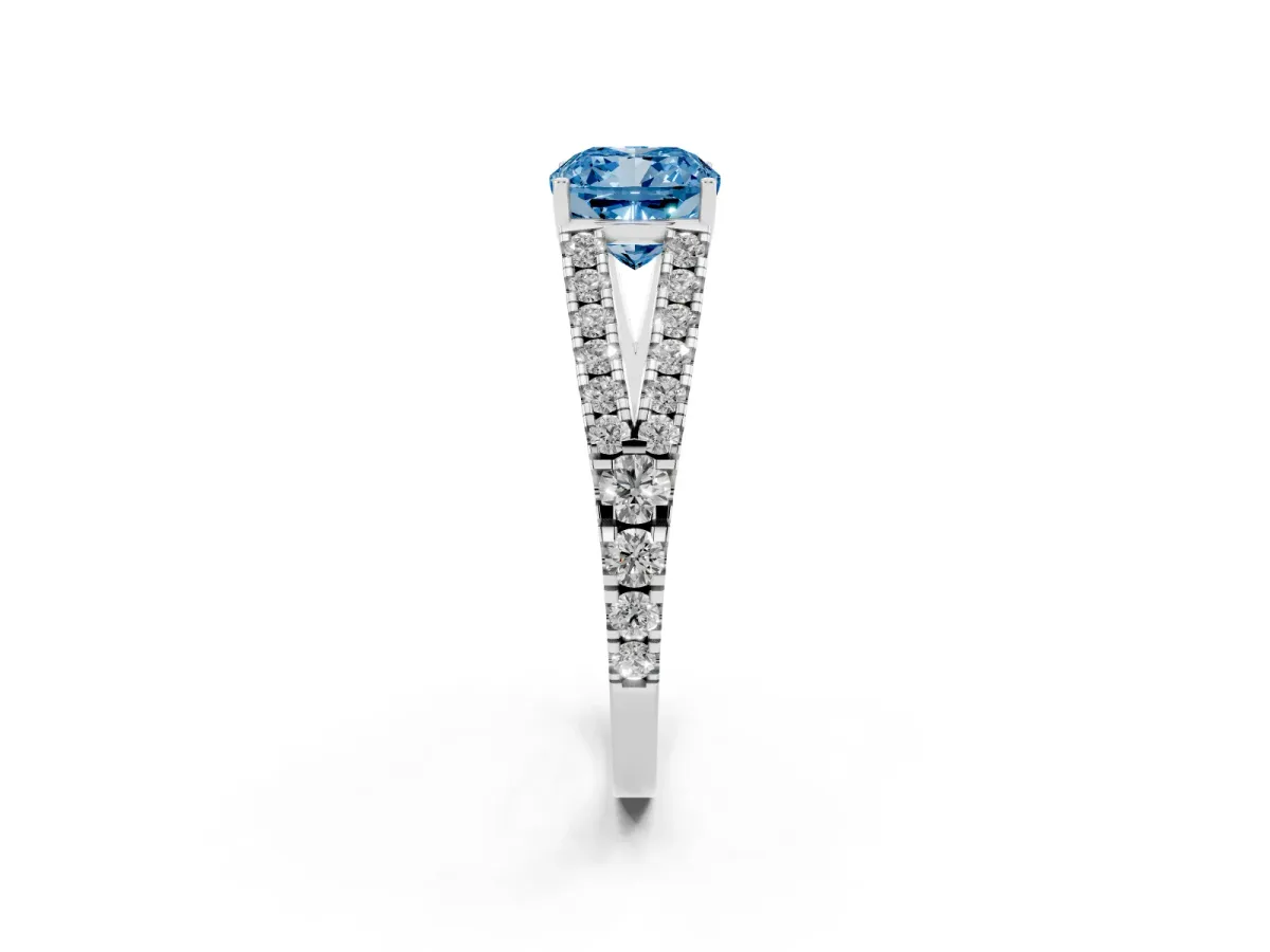Fancy Blue Cushion Cut Diamond Split Shank Engagement Ring with Round Pavé and Prong Setting Platinum