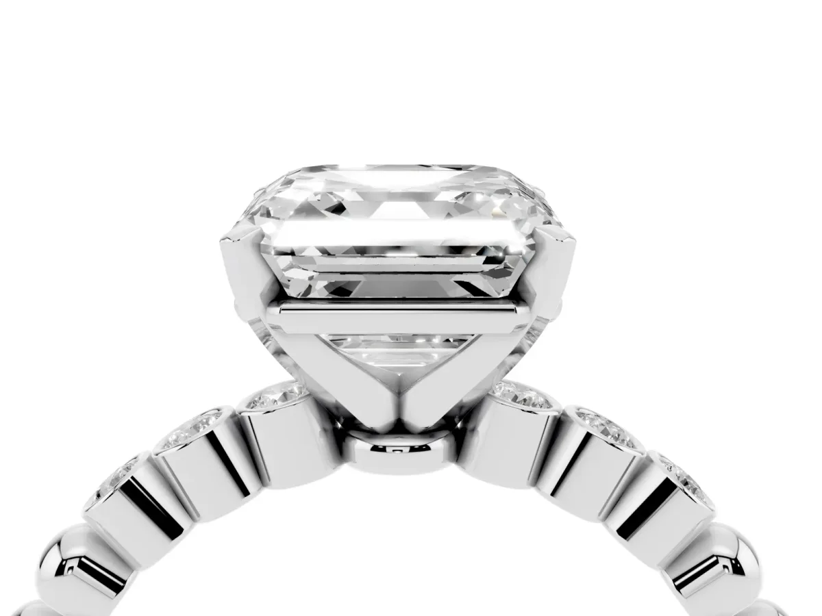 Asscher Cut Solitaire Bezel Accent Diamond Engagement Ring with Beaded Band and Four-Prong Setting Silver