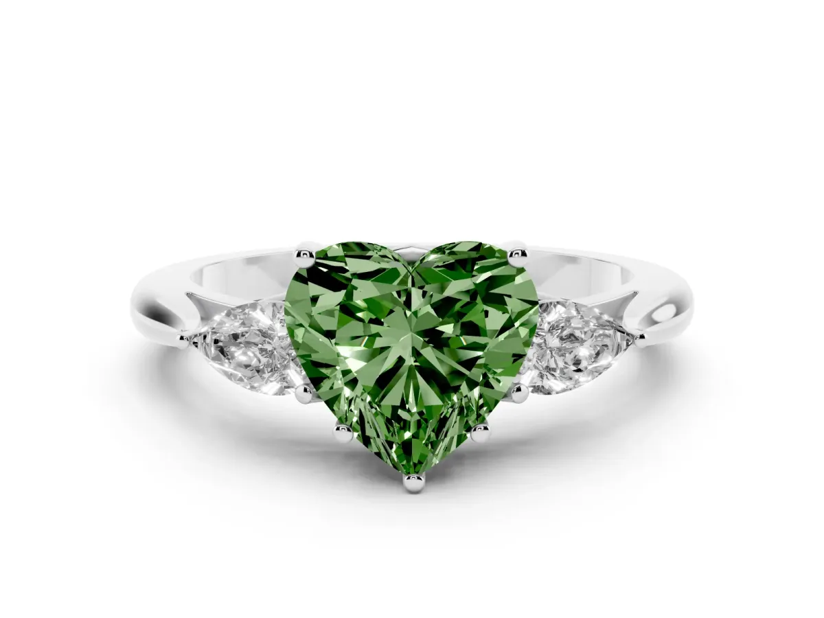 Fancy Green Three-Stone Heart Cut Diamond Ring with Pear Side Stones in Four-Prong Setting Platinum