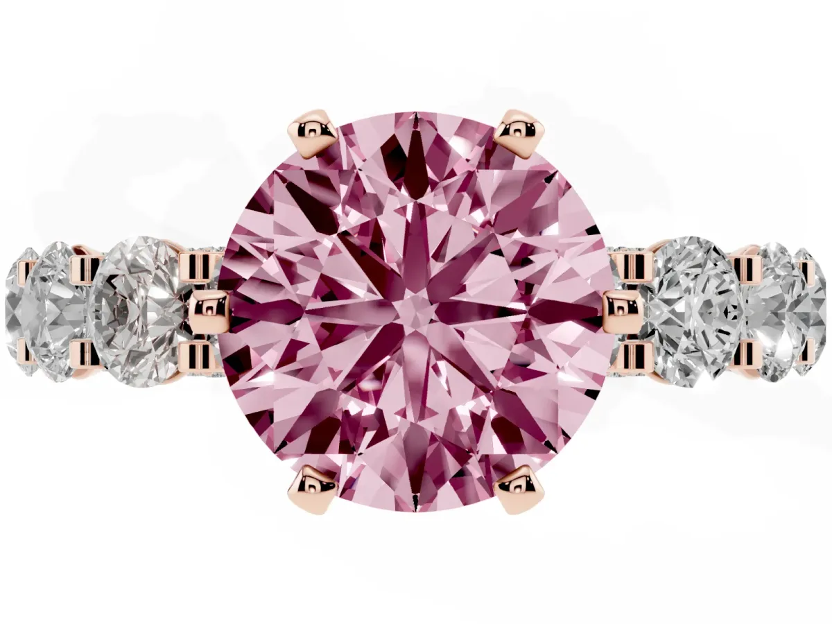 Fancy Pink Round Cut Diamond Side Stone Engagement Ring with Four-Prong Setting Rose gold