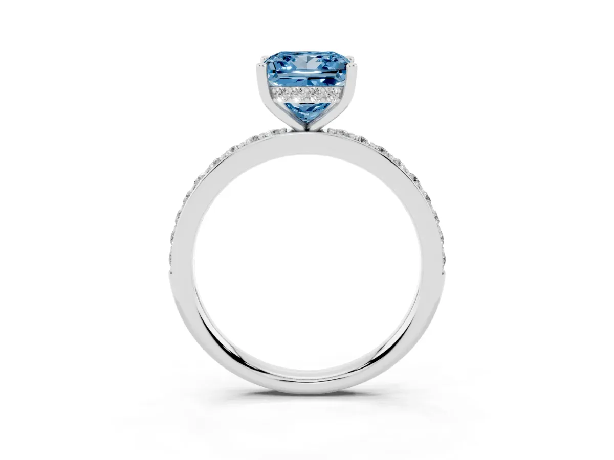 Fancy Blue Princess Cut Cut Diamond Pavé Band Ring with Four-Prong Setting Platinum