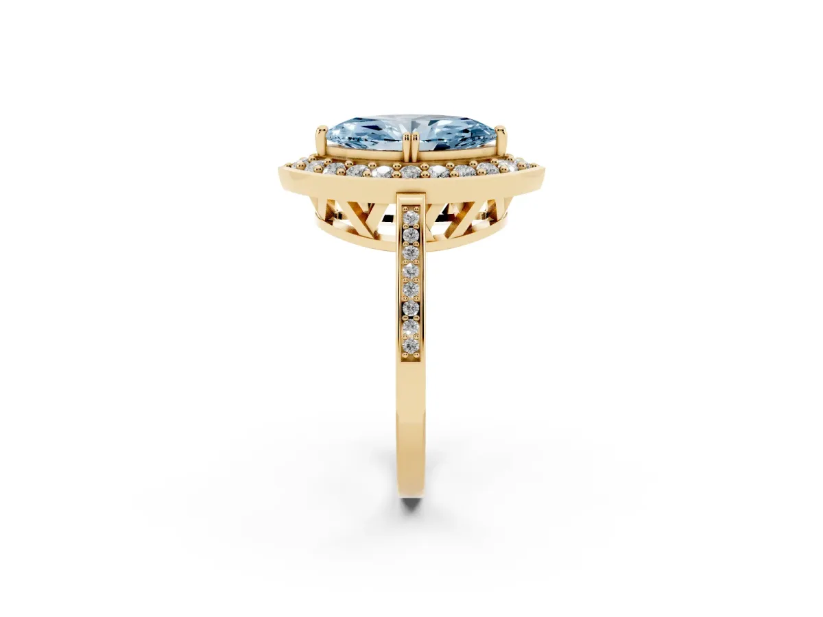 Fancy Blue Marquise Cut Diamond Halo Ring with Split Shank and Four-Prong Setting Yellow gold
